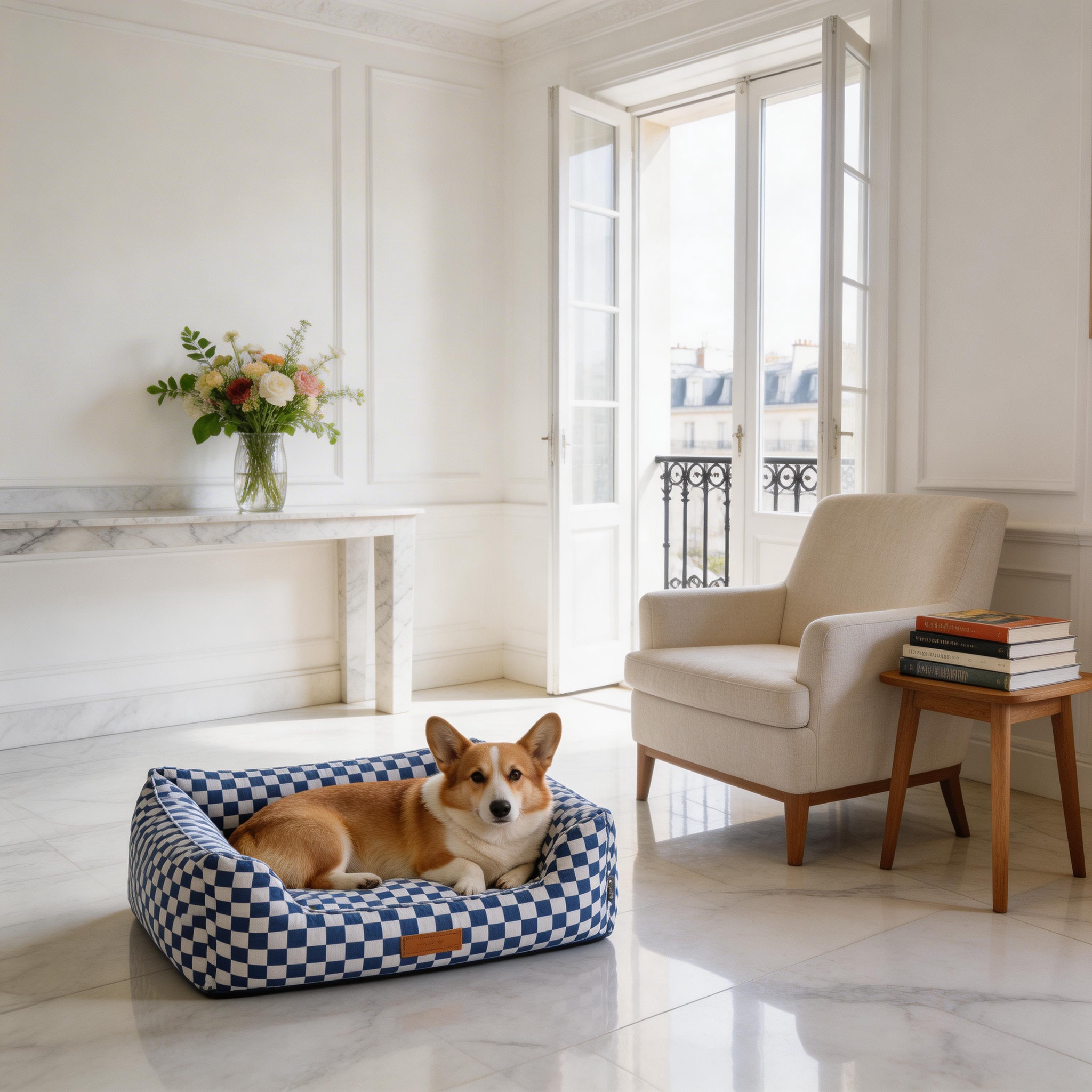 Wagsage blue and white plaid square pet house, cozy pet bed with a soft interior and sturdy design for pets.