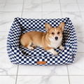 Wagsage plaid square pet house in blue and white, providing a cozy space for pets to rest comfortably.