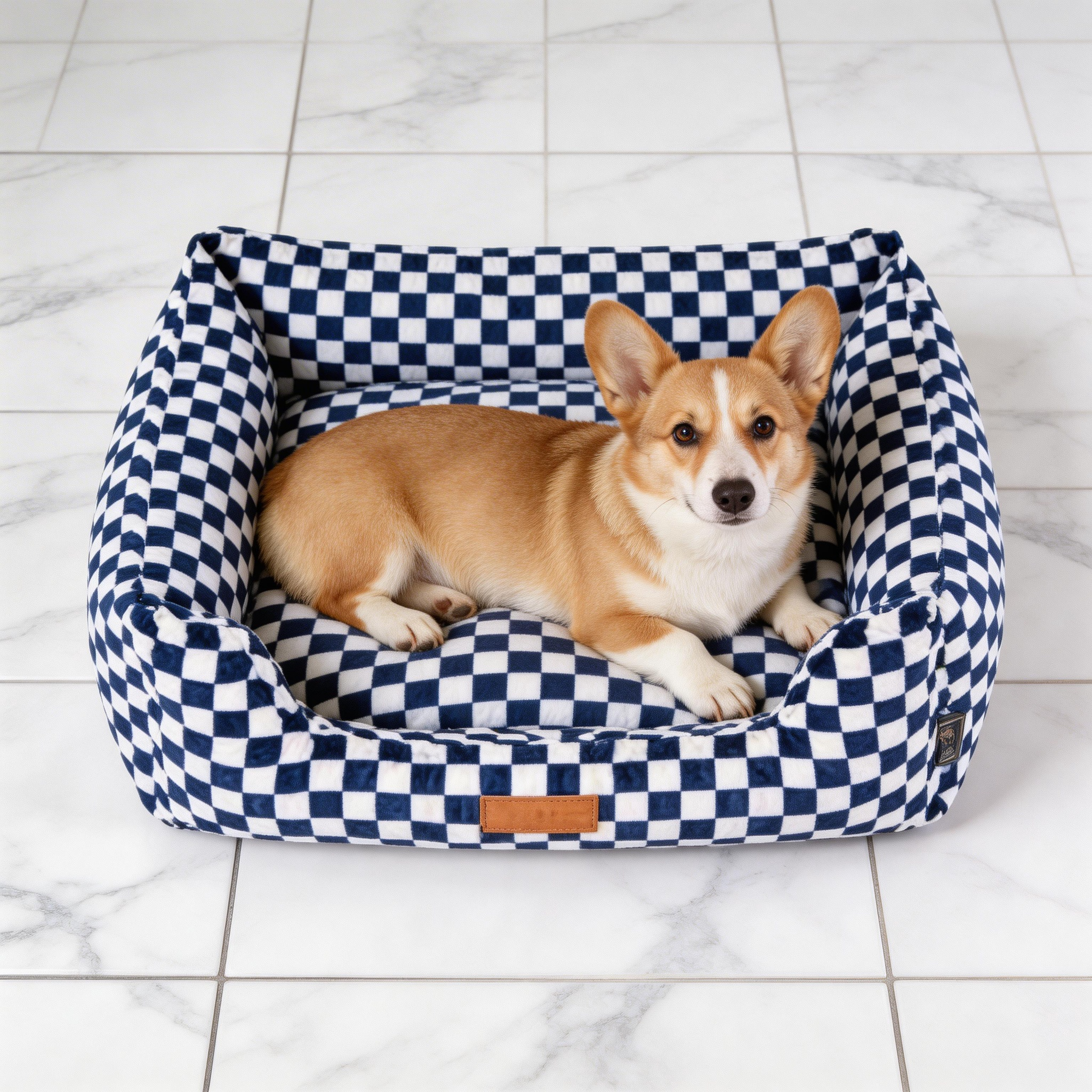 Wagsage plaid square pet house in blue and white, providing a cozy space for pets to rest comfortably.