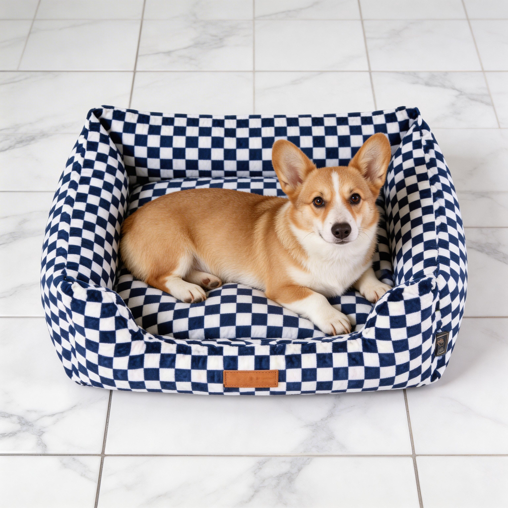 Wagsage blue and white plaid square pet house, cozy pet bed for dogs and cats, with soft fabric and structured design.