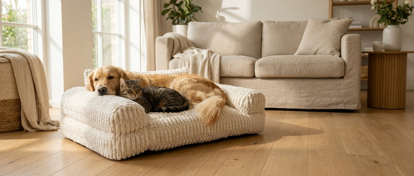 Wagsage luxury handwoven pet sofa bed in white - washable and hypoallergenic