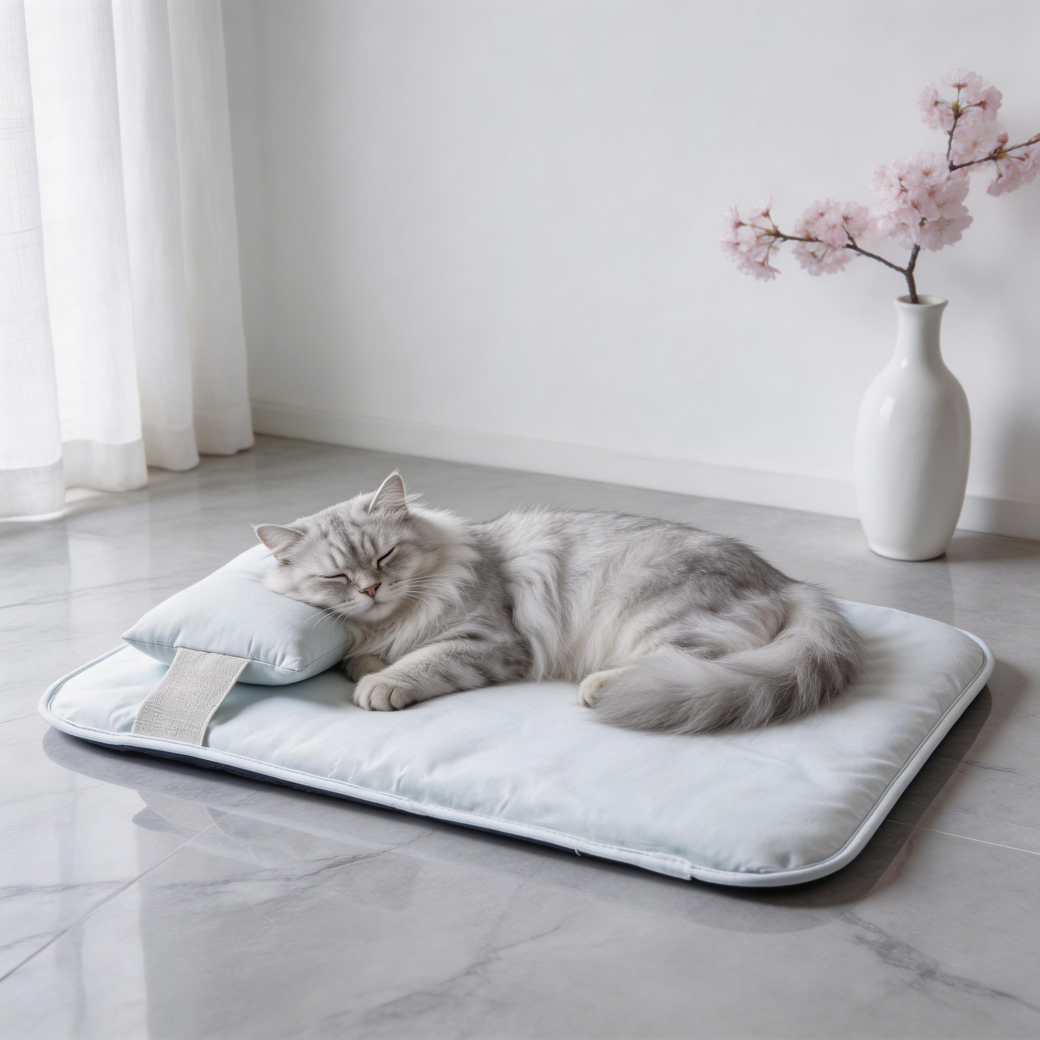 Linen cooling cat mat with pillow, featuring a soft texture and breathable design, perfect for pet comfort by Wagsage.