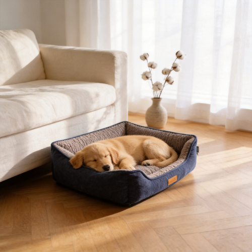 Golden retriever puppy sleeping in a blue Wagsage chenille caterpillar pet house bed.